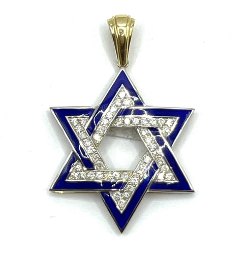 14K Gold & Diamond With Blue Enamel Star of David Necklace